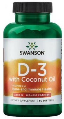 Swanson Vitamín D3 s kokosovým olejem 2000 IU 60 kapslí PROŠLÉ DMT (3/2023)