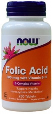 Now Foods Kyselina listová (Folic Acid)  s obsahem vitamínu B12 800 μg 250 tablet