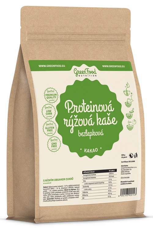 GreenFood Proteinová rýžová kaše bezlepková 500 g - kakaová