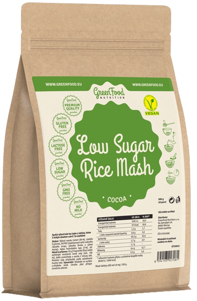 Levně GreenFood Low Sugar Rýžová kaše 500 g - kakao