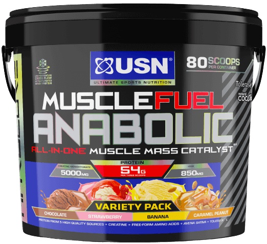 USN (Ultimate Sports Nutrition) USN Muscle Fuel Anabolic 4000 g - mix čokoláda, jahoda, banán, arašídy s karamelem + USN Šejkr Steel Qhush 750 ml ZDARMA