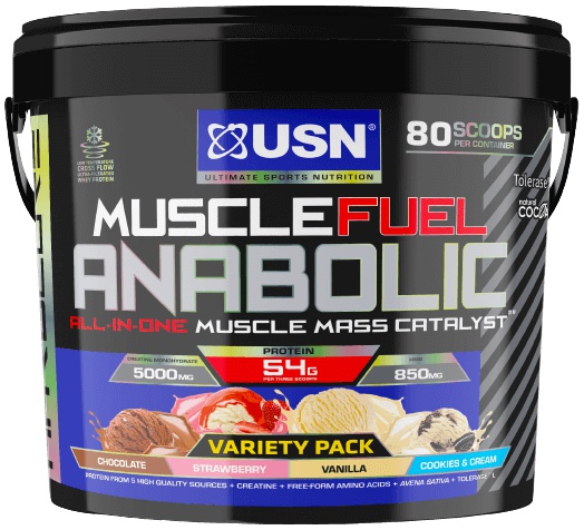 USN (Ultimate Sports Nutrition) USN Muscle Fuel Anabolic 4000 g - mix čokoláda, jahoda, vanilka, cookies & cream + USN Šejkr Steel Qhush 750 ml ZDARMA