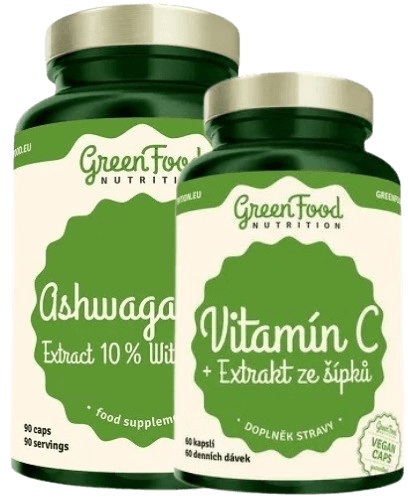 Levně GreenFood Ashwagandha Extract 10% Withanolides 90 kapslí + Vitamín C 60 kapslí ZDARMA