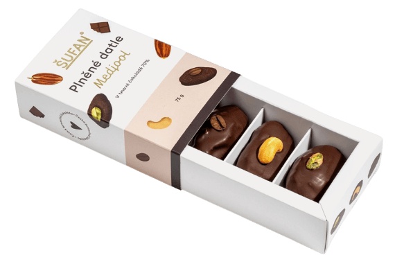 Šufan Plněné Datle Medjool v Tmavé Čokoládě (70%) 75 g